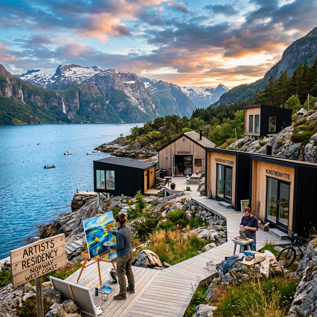 Artists Residency Norway West Coast sign beside studios, fjord, and mountains
