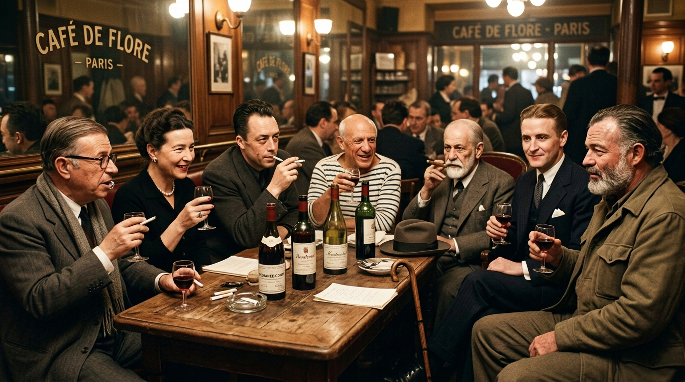 Group of people drinking wine at Café de Flore in Paris