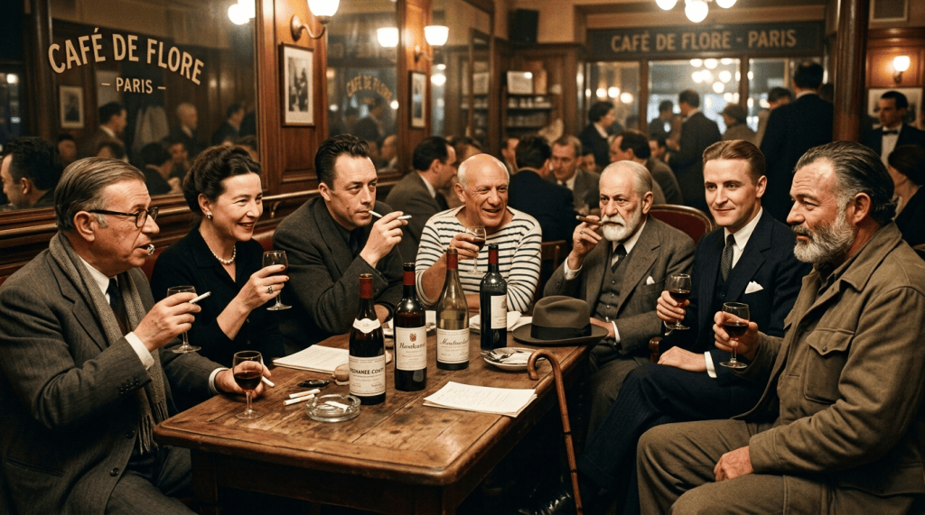 Group of people drinking wine at Café de Flore in Paris